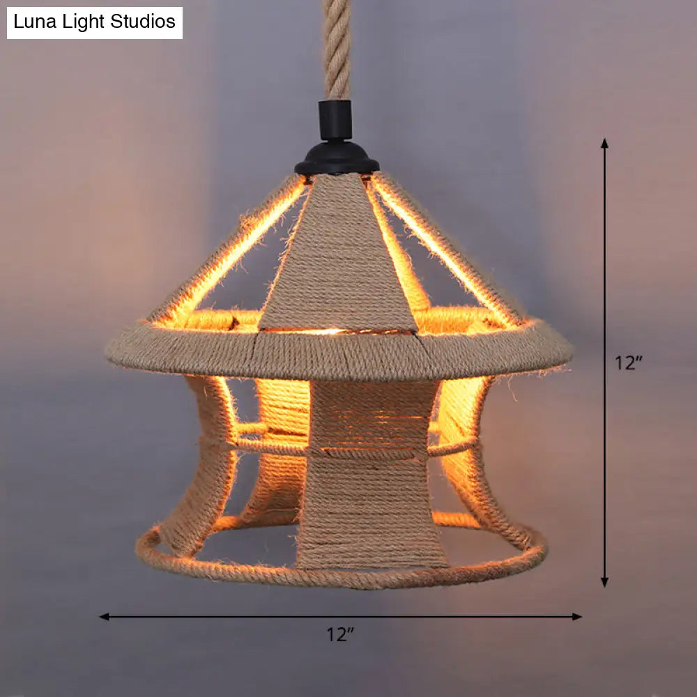 Country Style Wood Rope Pendant Light For Restaurants - Single Cage Shade Suspension