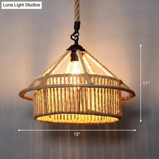 Country Style Wood Rope Pendant Light For Restaurants - Single Cage Shade Suspension