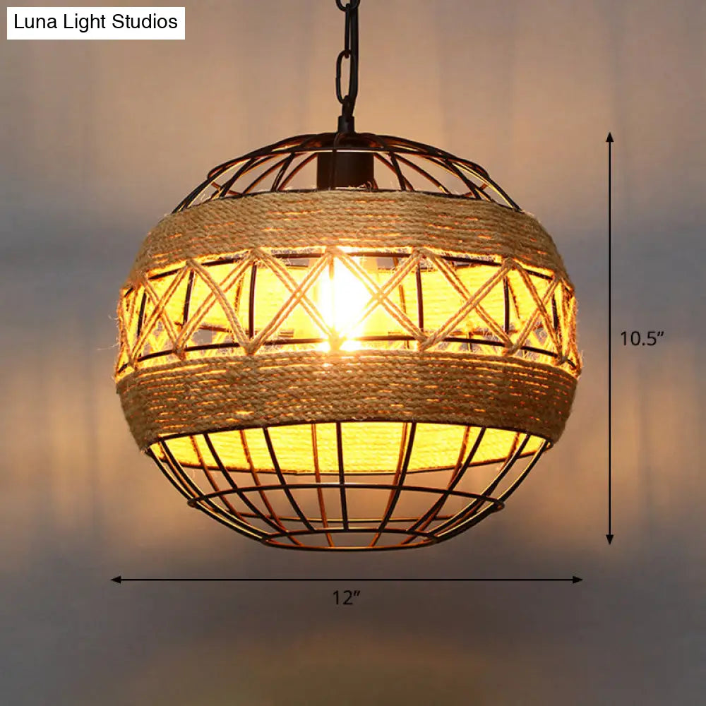 Country Style Wood Rope Pendant Light For Restaurants - Single Cage Shade Suspension