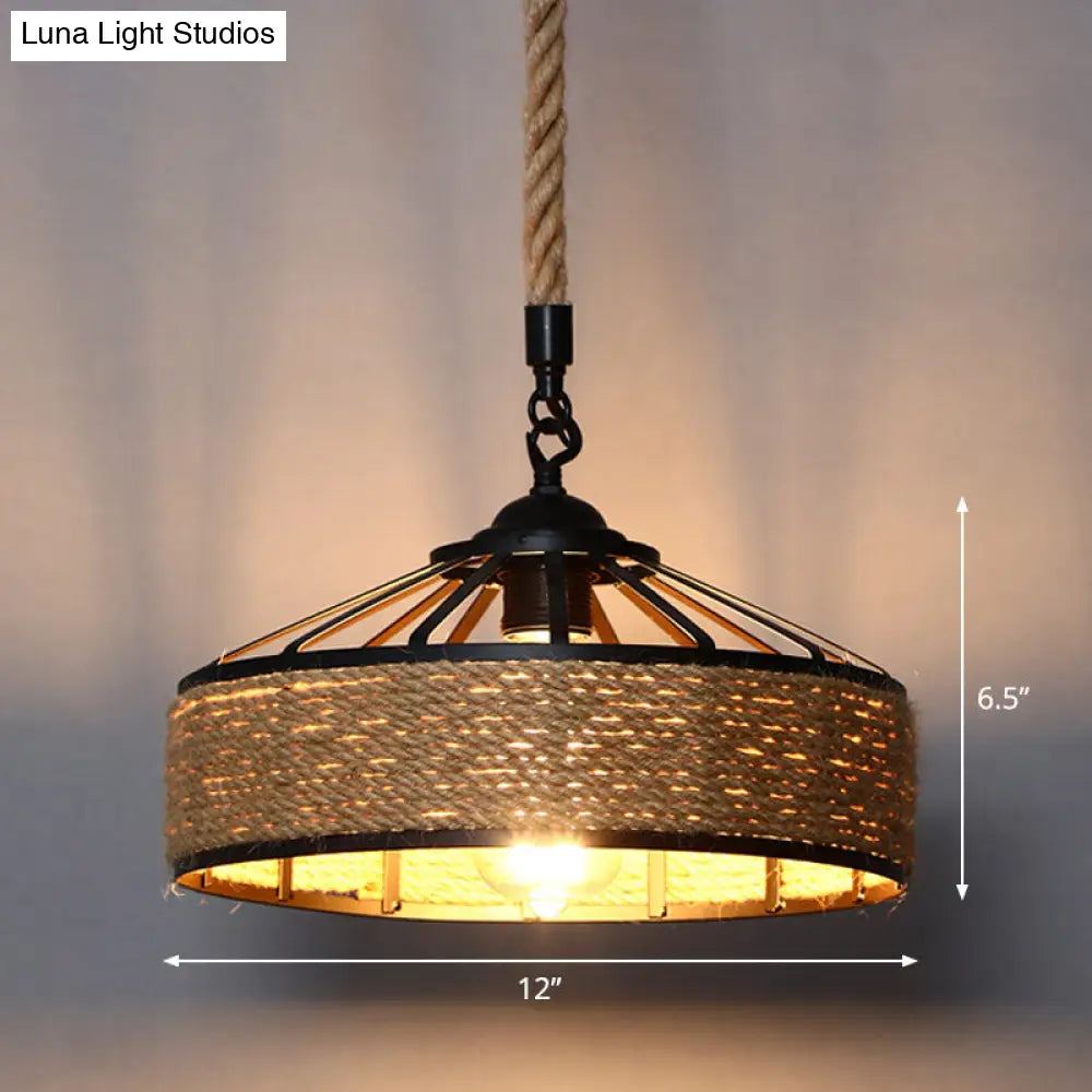 Rustic Wood And Rope Hanging Pendant Light For Restaurants With Single Cage Shade
