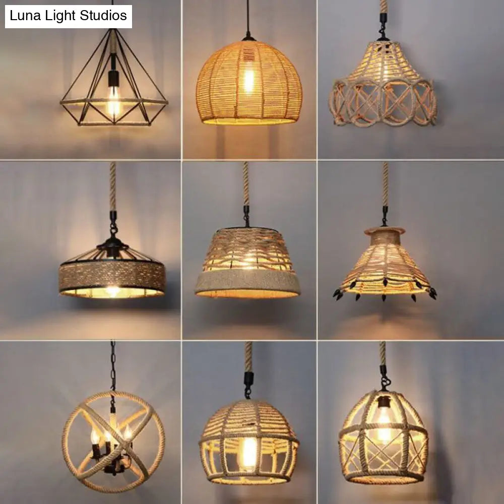 Rustic Wood And Rope Hanging Pendant Light For Restaurants With Single Cage Shade / Round