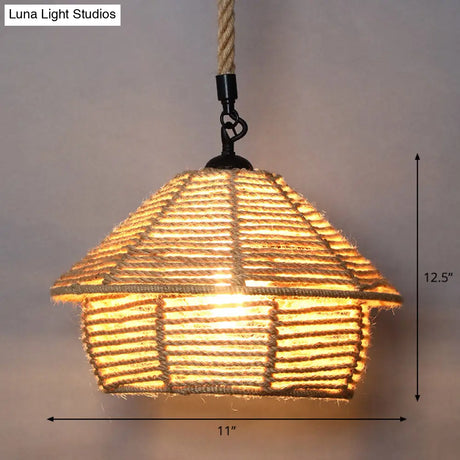 Country Style Wood Rope Pendant Light For Restaurants - Single Cage Shade Suspension