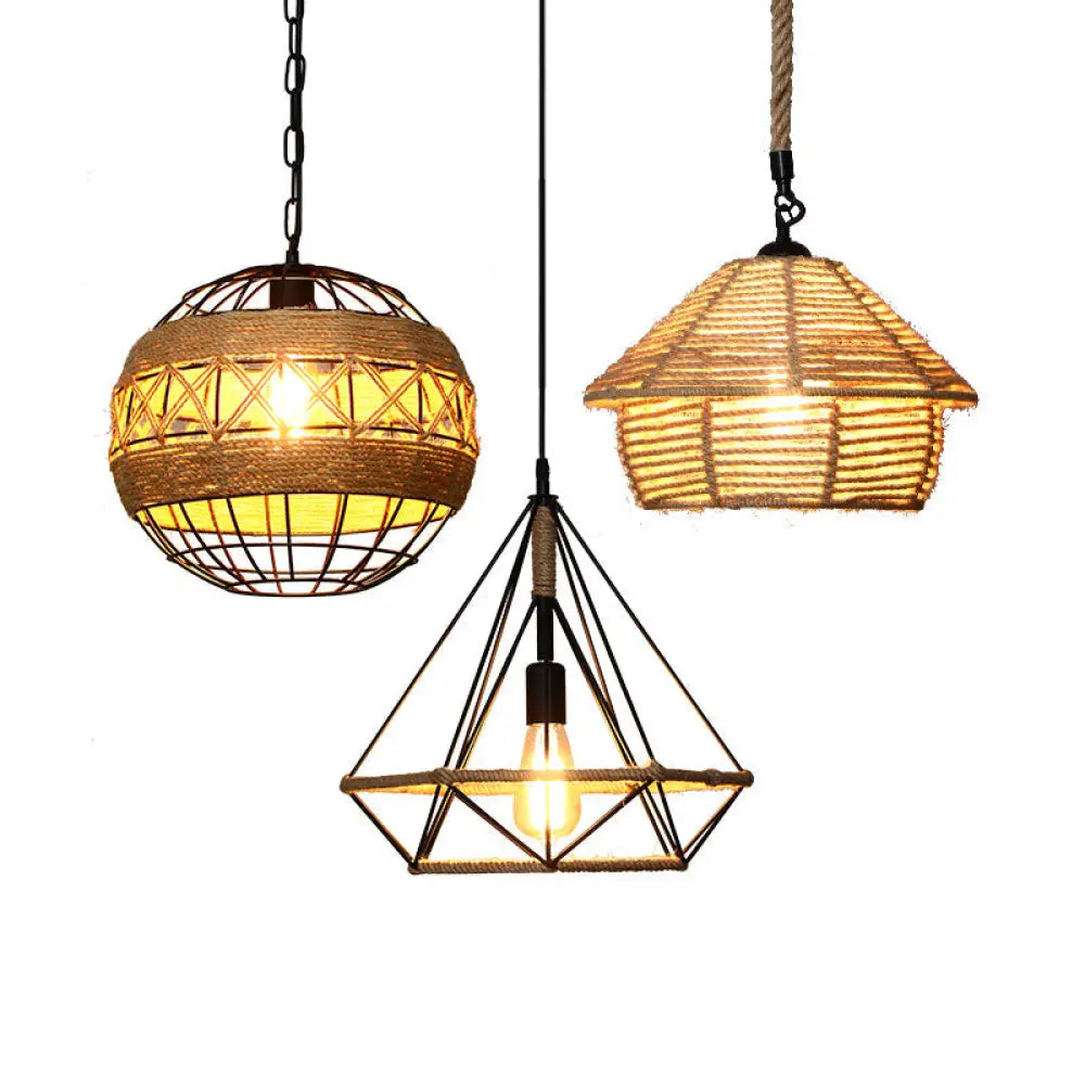 Country Style Wood Rope Pendant Light For Restaurants - Single Cage Shade Suspension / Diamond