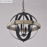 Black Wood Strap Globe Pendant Chandelier Kit - Country Living Room Hanging Lamp 4 /