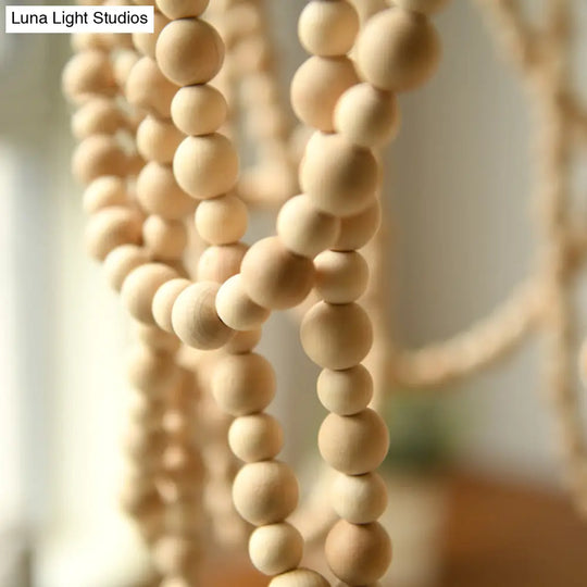 Country Style Wooden Beaded Pendant Ceiling Lamp With Iron Bellied Vase Hanging Frame - White 1 Bulb