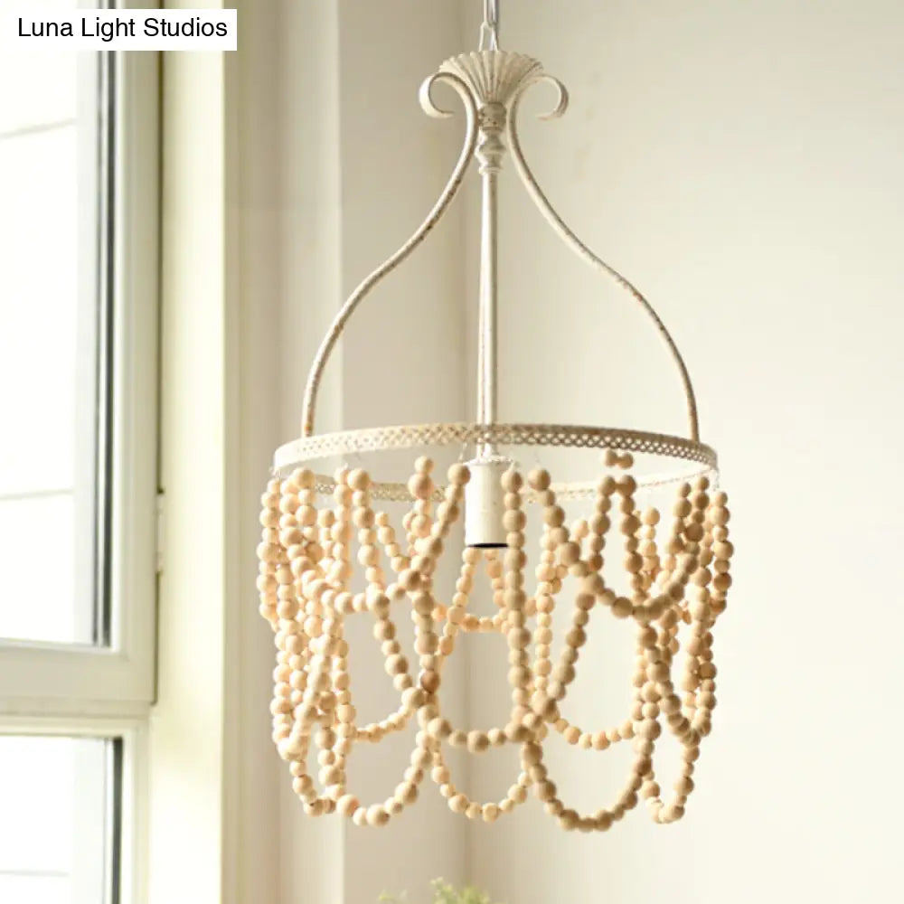 Country Style Wooden Beaded Pendant Ceiling Lamp With Iron Bellied Vase Hanging Frame - White 1 Bulb