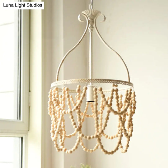 Country Style Wooden Beaded Pendant Ceiling Lamp With Iron Bellied Vase Hanging Frame - White 1 Bulb