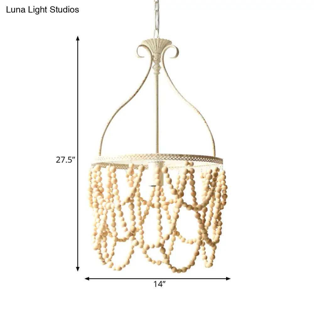 Country Style Wooden Beaded Pendant Ceiling Lamp With Iron Bellied Vase Hanging Frame - White 1 Bulb