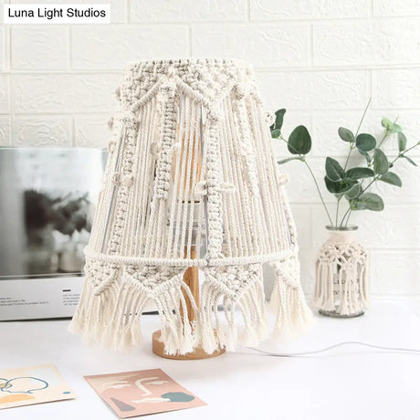 Country Style Yellow Nightstand Lamp With Tassel Fringe For Bedroom