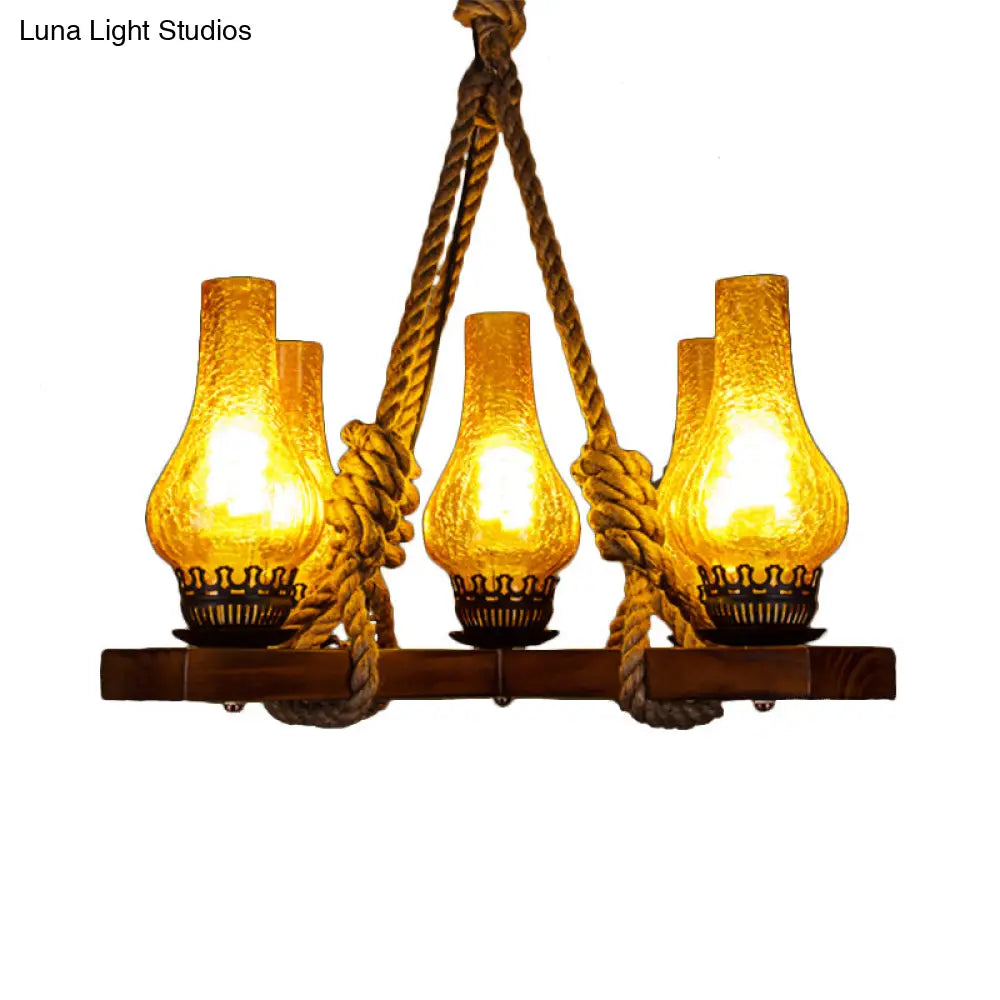 Country Stylish 5-Light Pendant Lamp With Yellow Cracked Glass Teardrop Shades And Rope Detailing
