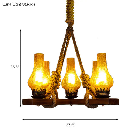 Country Stylish 5-Light Pendant Lamp With Yellow Cracked Glass Teardrop Shades And Rope Detailing