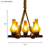 Country Stylish 5-Light Pendant Lamp With Yellow Cracked Glass Teardrop Shades And Rope Detailing