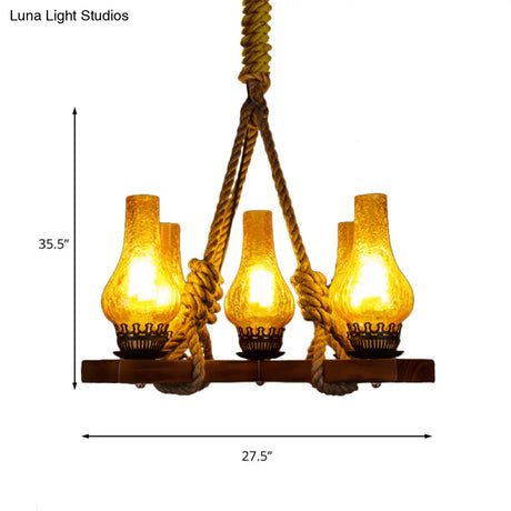 Country Stylish 5-Light Pendant Lamp With Yellow Cracked Glass Teardrop Shades And Rope Detailing