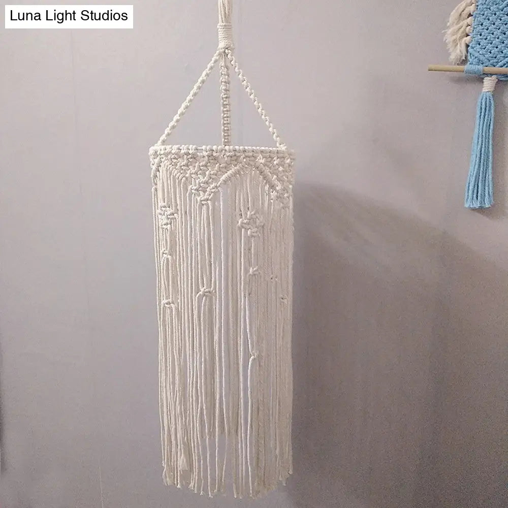 Country White Cylinder Tassel Rope Pendant Light - Dining Room Ceiling Lamp