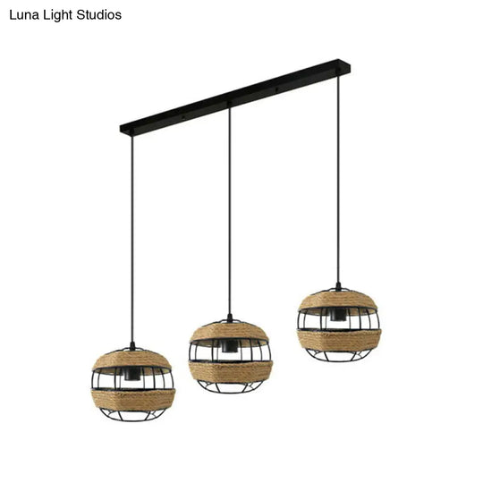 Countryside 3-Light Jute Rope Pendant Lamp For Open Kitchen Brown / Linear