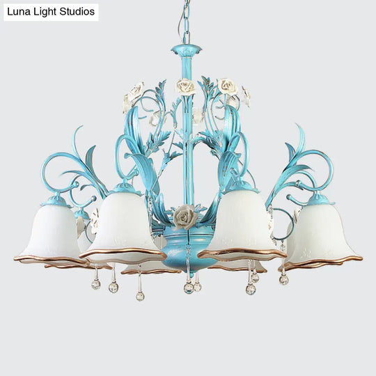 Countryside Bedroom Pendant Chandelier With Frosted Glass Shade And Crystal Decor In Blue - 3/5/8
