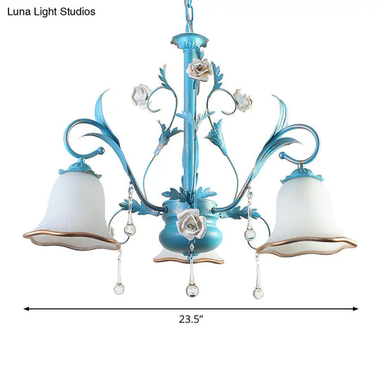 Countryside Bedroom Pendant Chandelier With Frosted Glass Shade And Crystal Decor In Blue - 3/5/8