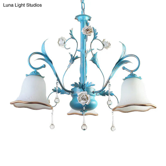 Countryside Bedroom Pendant Chandelier With Frosted Glass Shade And Crystal Decor In Blue - 3/5/8
