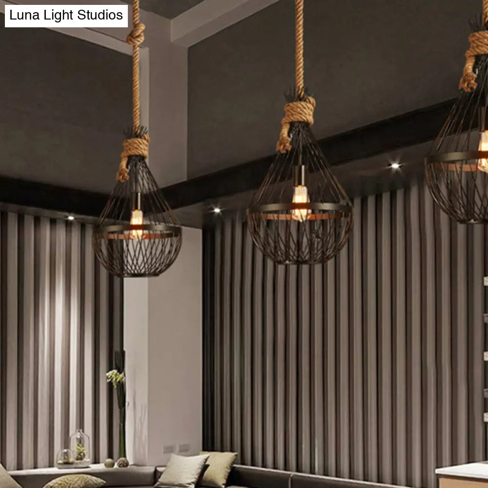 Countryside Black Teardrop Ceiling Lamp With Rope Suspension - Metal Pendant Light For Restaurants