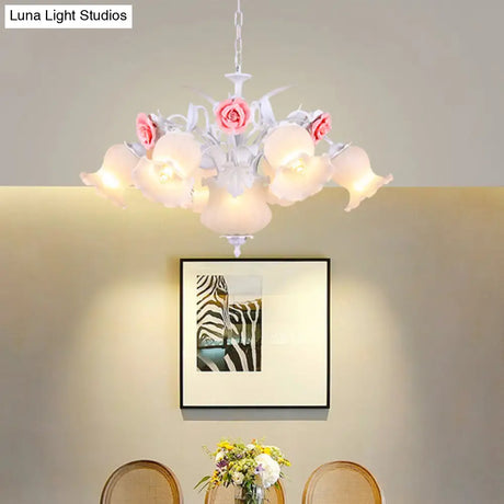 Countryside Blossom Chandelier - 8 Head White Glass Pendant Ceiling Light For Dining Room