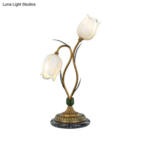 Countryside Blossom Table Lamp: White/Yellow Glass Night Light With Brass Accents For Living Room -