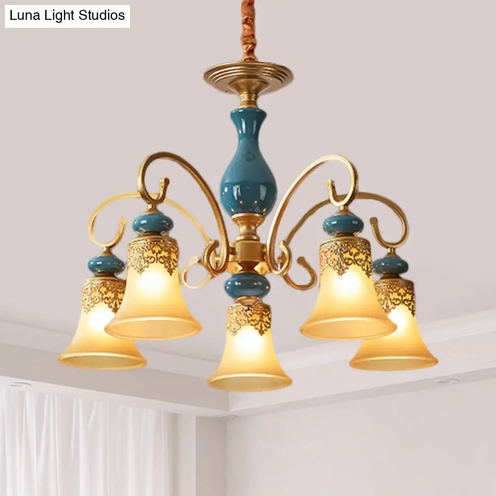 Countryside Brass Suspension Pendant Chandelier With Bell Milk Glass Shade - 3/5/6-Bulb Swooping Arm