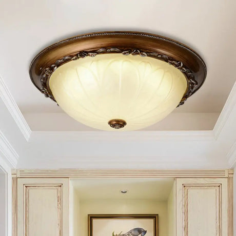 Countryside Brown Led Flush Mount Ceiling Fixture 14’/16’ Width Ribbed Frosted Glass / 14’
