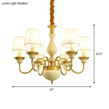 Countryside Ceramic Candelabra Chandelier Pendant Lamp With Fabric Cone Shade - 3/6/8-Bulb Bedroom