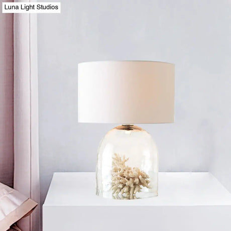 Countryside Clear Glass Bell Bedroom Night Lamp White Fabric Nightstand Light - 1-Light