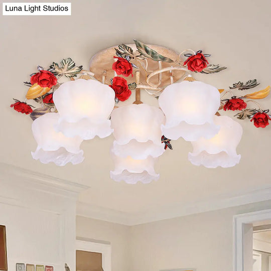 Countryside Coffee Floral Dining Room Semi Flush Light Fixture - 4/6-Light Frosted Glass Mount 6 /
