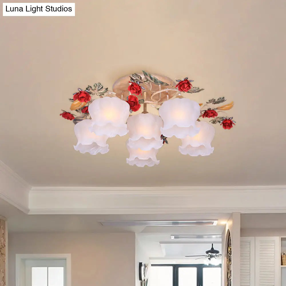 Countryside Coffee Floral Dining Room Semi Flush Light Fixture - 4/6 - Light Frosted Glass Mount