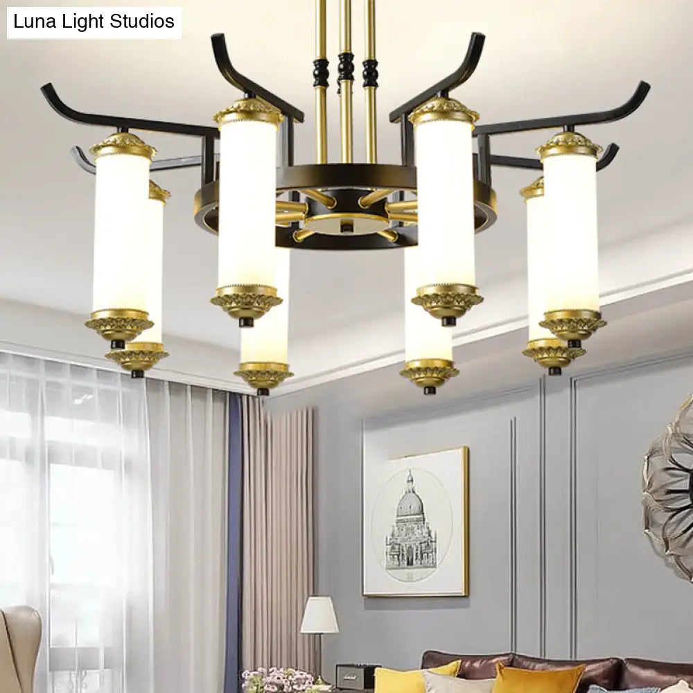 Countryside Column Frosted Glass 8/10-Bulb Chandelier In Black-Gold Finish