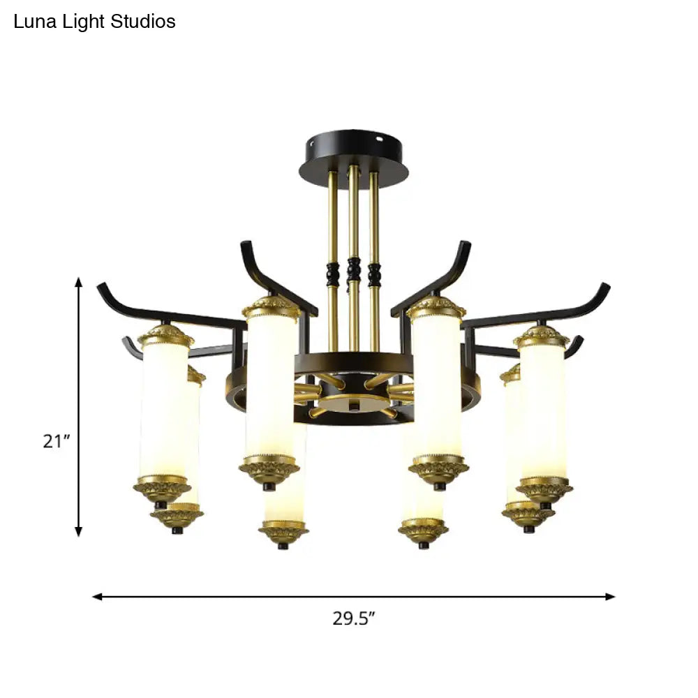 Countryside Column Frosted Glass 8/10-Bulb Chandelier In Black-Gold Finish
