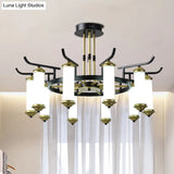 Countryside Column Frosted Glass 8/10-Bulb Chandelier In Black-Gold Finish