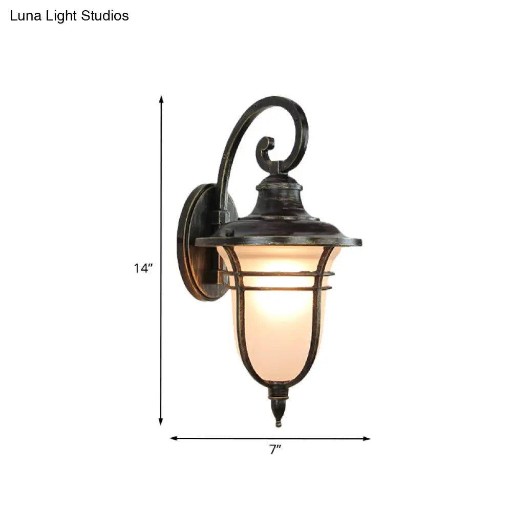 Countryside Cream Glass Outdoor Sconce Light - 1-Head Black Wall Lamp With Swooping Arm