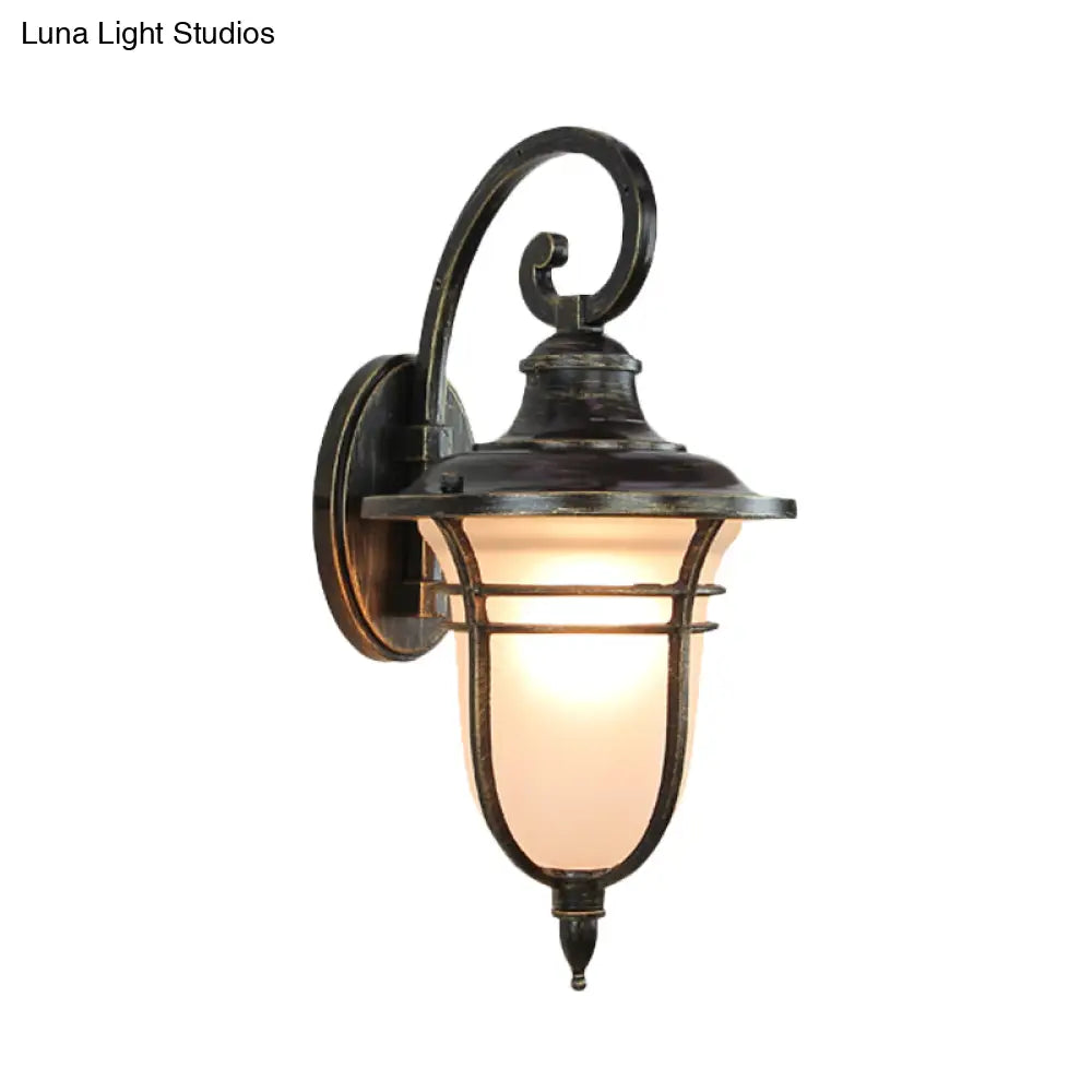 Countryside Cream Glass Outdoor Sconce Light - 1-Head Black Wall Lamp With Swooping Arm