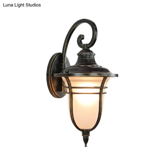 Countryside Cream Glass Outdoor Sconce Light - 1-Head Black Wall Lamp With Swooping Arm