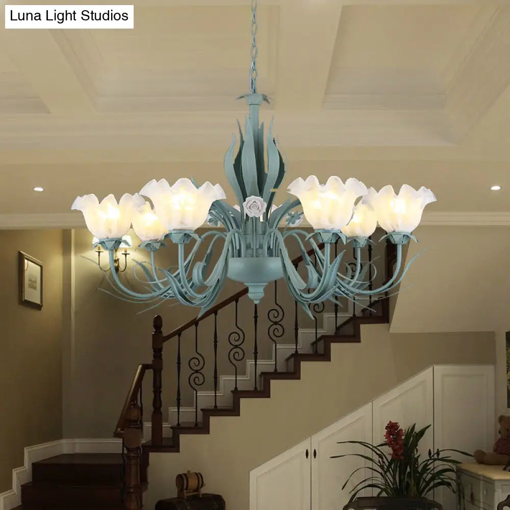 Countryside Curved Arm Chandelier Lamp In Aqua - Metal Led Drop Pendant (3/5/7 Bulbs) For Living