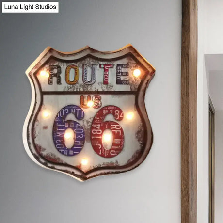 Countryside Distressed White Led Night Light With Iron Road Signboard Wall Lamp