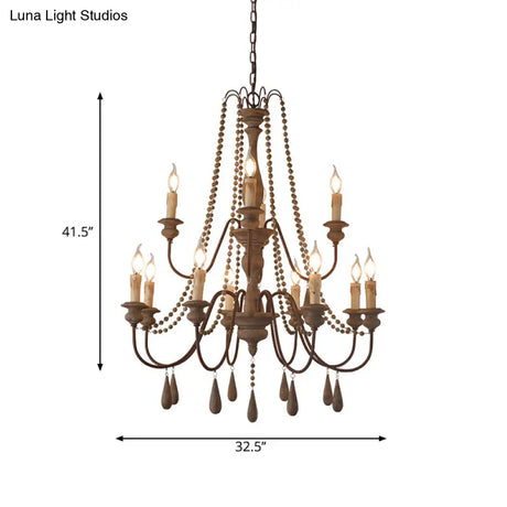 Countryside Distressed Wood Hanging Chandelier With Bead Strand Candelabra Design