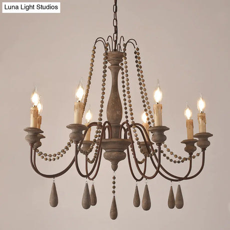 Countryside Distressed Wood Hanging Chandelier With Bead Strand Candelabra Design