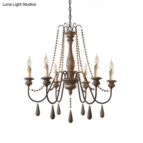 Countryside Distressed Wood Hanging Chandelier With Bead Strand Candelabra Design