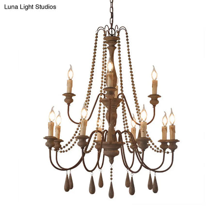 Countryside Distressed Wood Hanging Chandelier With Bead Strand Candelabra Design