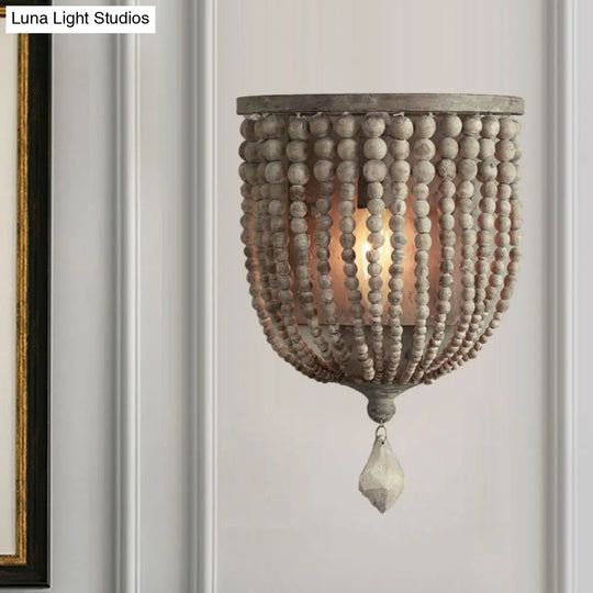 Countryside Grey Beaded Wall Mount Sconce With Light Wood Accent - Living Room Fixture