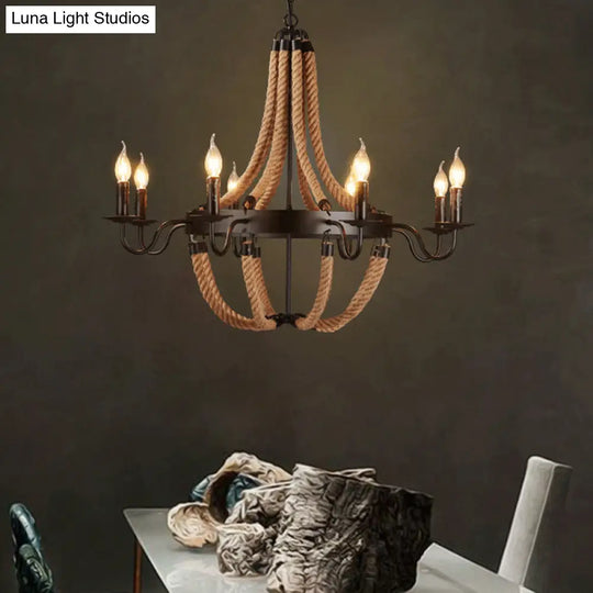 Countryside Hanging Chandelier With 6/8 Brown Bulbs And Hemp Rope Basket Pendant Design