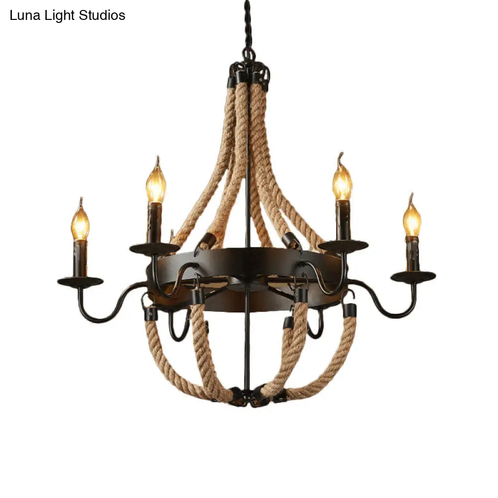 Countryside Hemp Rope Chandelier With Candle Design - Brown 6/8 Bulbs Pendant Lighting