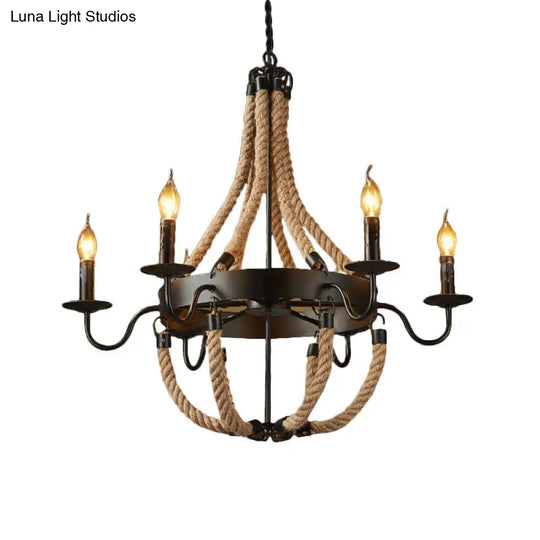 Countryside Hemp Rope Chandelier With Candle Design - Brown 6/8 Bulbs Pendant Lighting