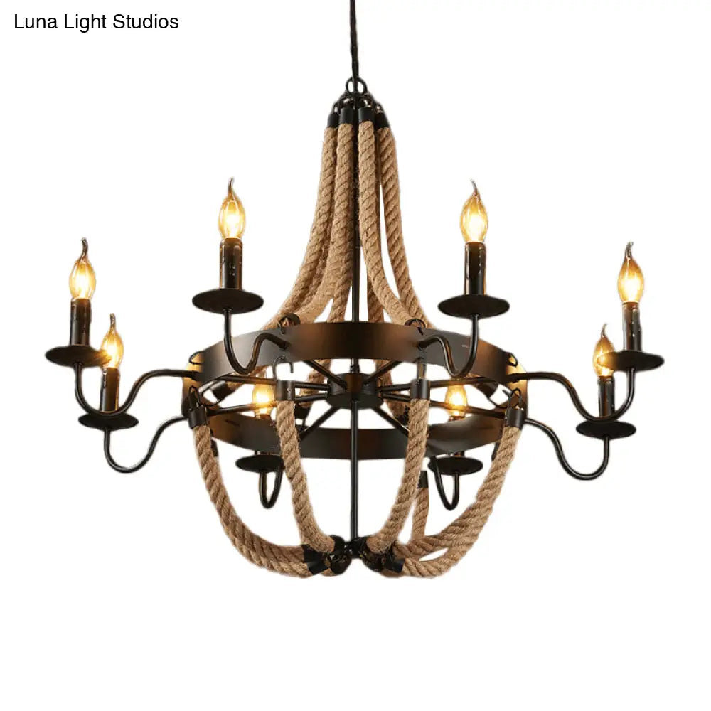 Countryside Hanging Chandelier With 6/8 Brown Bulbs And Hemp Rope Basket Pendant Design