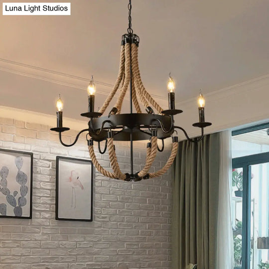 Countryside Hemp Rope Chandelier With Candle Design - Brown 6/8 Bulbs Pendant Lighting 6 /