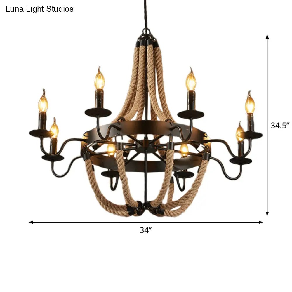 Countryside Hanging Chandelier With 6/8 Brown Bulbs And Hemp Rope Basket Pendant Design